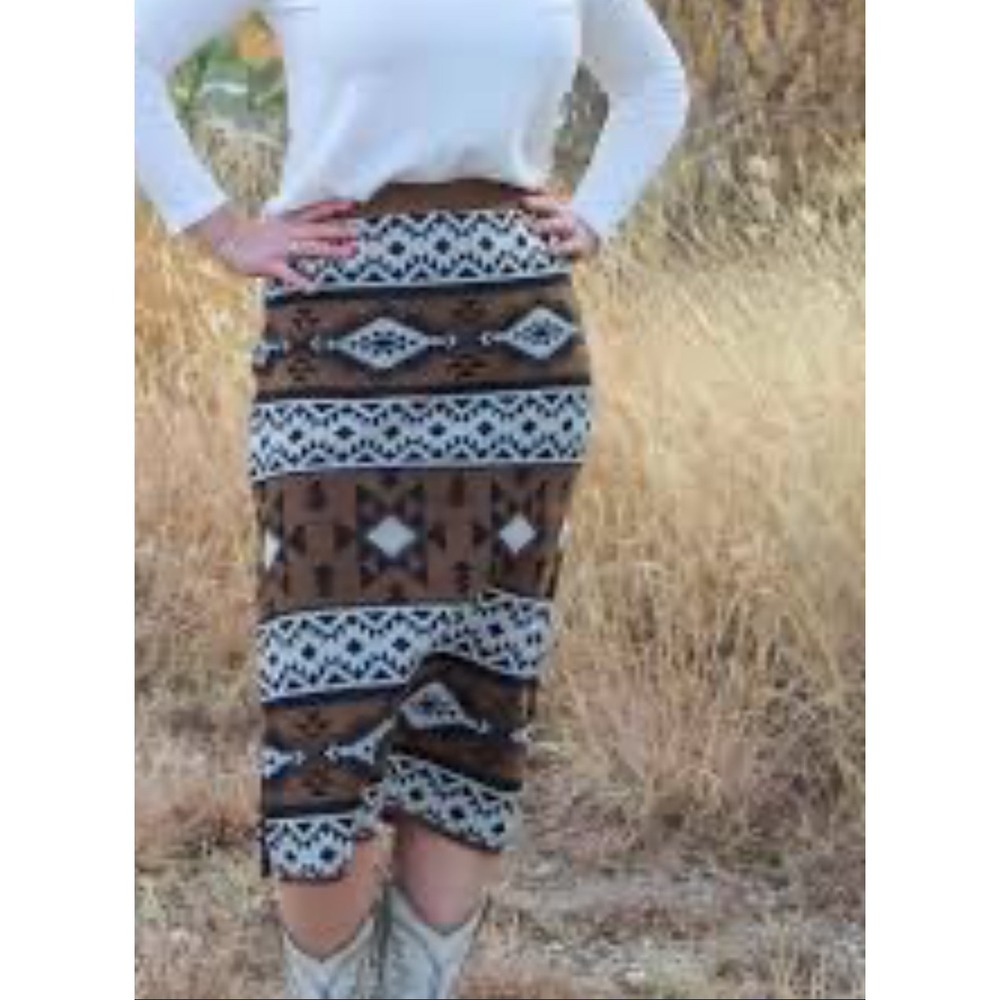 Howdy Crowd sz XL Brown Aztec Native American Western Knit High Rise Midi Skirt